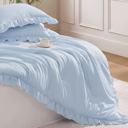 Andency Blue Striped Full Ruffle Comforter Set, 3 Pieces