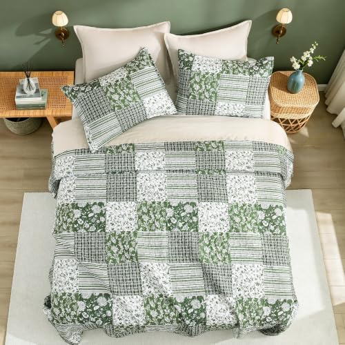 Litanika Floral Sage Quilt King - 3Pcs Botanical Birds Bedding Set
