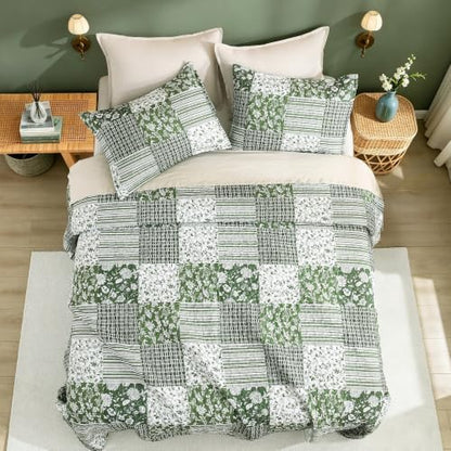 Litanika Floral Sage Quilt King - 3Pcs Botanical Birds Bedding Set