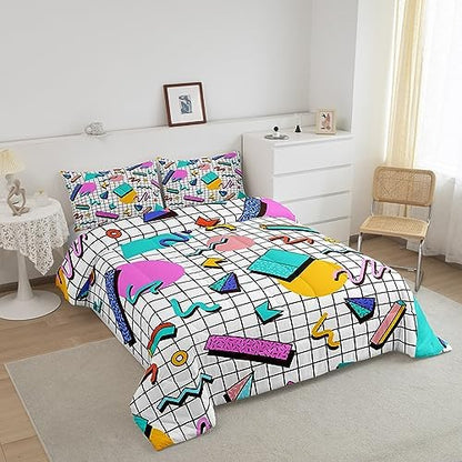 Manfei Memphis Comforter Set Queen Size, Retro 80s or 90s Geometric Fashion Style Quilt Set with 2 Pillowcases, Vintage Hip Hop Bedding Set 3pcs for Kids Boy Girls Lightweight Duvet Insert