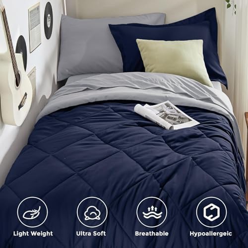 HEVUMYI 5-Piece Twin XL Comforter Set, Navy Blue & Grey Bed in a Bag