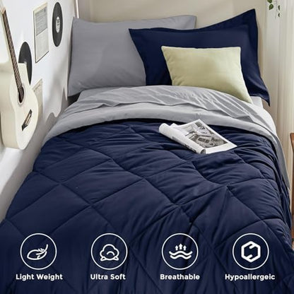 HEVUMYI 5-Piece Twin XL Comforter Set, Navy Blue & Grey Bed in a Bag