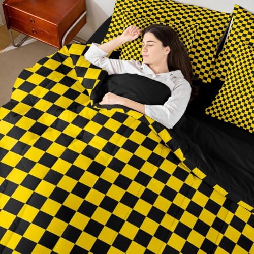 jejeloiu Yellow Black Bedding Set 7Pcs King Size Kids Plaid Checkered Comforter Set with Sheets for Boys Girls Classic Grid Buffalo Check Bed in a Bag Soft Lightweight,Microfiber