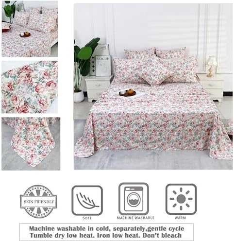 FADFAY Rose Floral Sheets Set King Vintage Red Floral Bedding Shabby Rustic Rose Sheets French Country Farmhouse Bedding 800 Thread Count 100% Egyptian Cotton Deep Pocket Fitted Sheet 4Pcs, King Size
