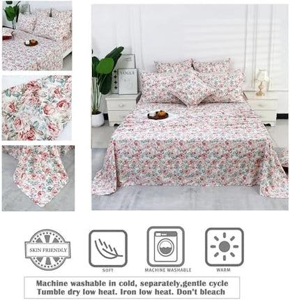 FADFAY Rose Floral Sheets Set King Vintage Red Floral Bedding Shabby Rustic Rose Sheets French Country Farmhouse Bedding 800 Thread Count 100% Egyptian Cotton Deep Pocket Fitted Sheet 4Pcs, King Size