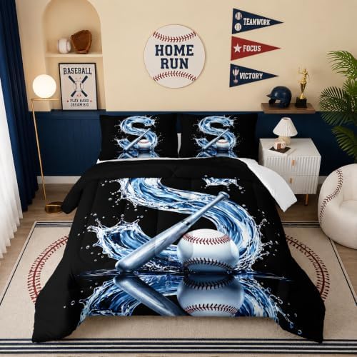 BSNTHO Baseball Comforter Set Twin Size, Black Kids Comforter 3Pcs