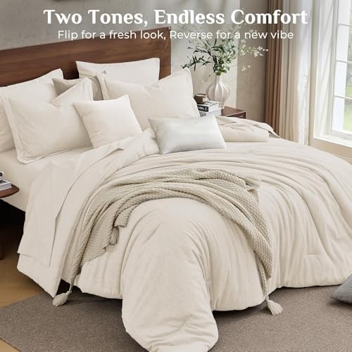 JOLLYVOGUE Beige Full Comforter Set, Cationic Dyeing Bed in a Bag Full 7 Pieces, Double-Tone Bedding Set with Down Alternative Comforter, Sheets, Pillowcases & Shams