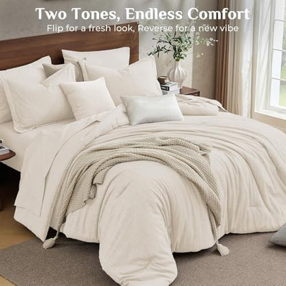 JOLLYVOGUE Beige Full Comforter Set, Cationic Dyeing Bed in a Bag Full 7 Pieces, Double-Tone Bedding Set with Down Alternative Comforter, Sheets, Pillowcases & Shams