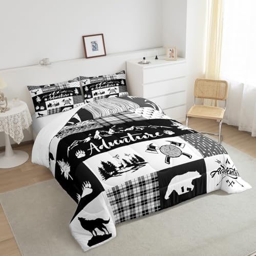 Castle Fairy Rustic Farmhouse Comforter Set Twin Size,Deer Bear Wolf Wild Animals Hunting Bedding Set for Kids Boys Men,Adventure Plaid Black Check Tribal Quilted Duvet Set with 1 Pillowcase