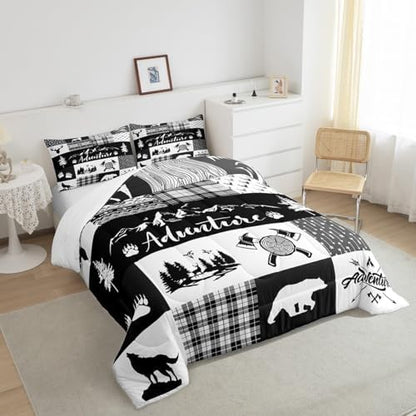 Castle Fairy Rustic Farmhouse Comforter Set Twin Size,Deer Bear Wolf Wild Animals Hunting Bedding Set for Kids Boys Men,Adventure Plaid Black Check Tribal Quilted Duvet Set with 1 Pillowcase