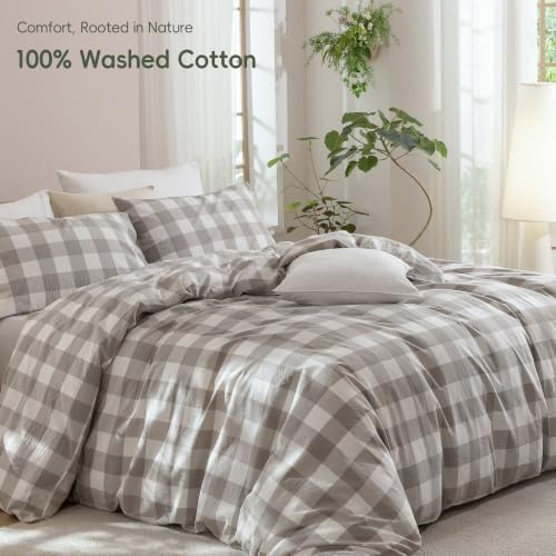 JIYUAN Full Washed Cotton Duvet Cover Set, 3-Piece, Buffalo Check