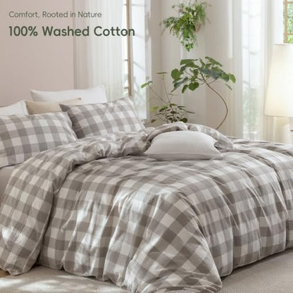 JIYUAN King Washed Cotton Duvet Cover Set, 3-Piece, Buffalo Check