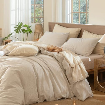 MooMee Striped Duvet Cover Set 100% Washed Cotton Linen Like Super King
