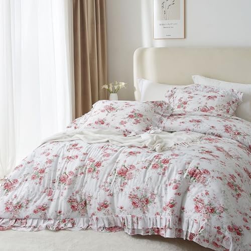 VM VOUGEMARKET Ruffle Duvet Cover Set Twin 3 Pieces Red Rose Flower