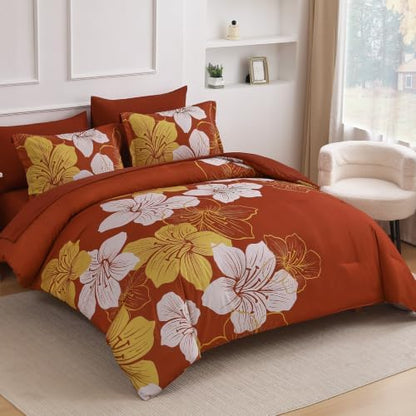Burnt Orange King Size Comforter Set, 7 Pieces Fall Floral Bedding Set