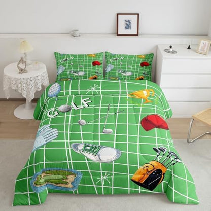 Castle Fairy Golf Bedding Set King Size Ball Gaming Theme Comforter for Child Teens Boys Modern Golf Sports Lover Down Comforter Bedroom Decor Geometric Lines Duvet Insert with 2 Pillowcases