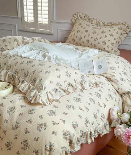 VM VOUGEMARKET 100% Muslin Cotton Duvet Cover Set Twin for Teen Girls,Vintage Flower Comforter/Quilt Cover with Romantic Ruffles,Soft, Breathable & Lightweight