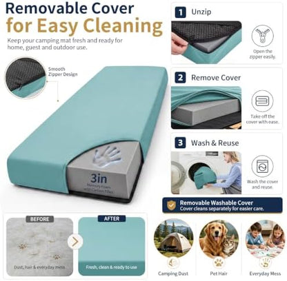 CYMULA Memory Foam Camping Mattress Pad,Sleeping Pad for Camping,Non-Slip Bottom Floor Car Mattress Bed with Retaining Portable Roll up Mattress Pad Mat for Travel Truck Guest Bed Tent