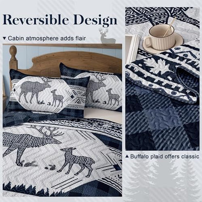 3 Piece Cabin King Size Quilt Sets Farmhouse Rustic Reversible Microfiber Soft Lightweight Bedspread Comforter with 2 Shams Patchwork Country Lodge Bedding Quilts Set for All Season, 106''x96'', Blue