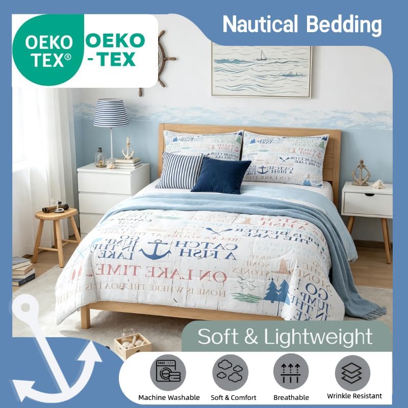 Nautical Anchor Bedding Set Full Size,Lake House Decor Comforter Set 3pcs for Kids Teens Adult Room Decor,Camping Quilt Ocean Rustic Farmhouse Style Duvet Insert with 2 Pillowcases,White Blue
