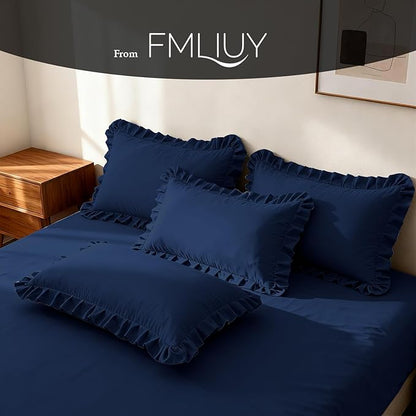 Ruffled Body Pillow Pillowcases Set of 2 – Soft Wrinkle Resistant Brushed Microfiber Body Pillowcases –Envelope Pillow Shams Festive Gift for Hotels, Guest Rooms 20x54 Inch (Navy Blue)