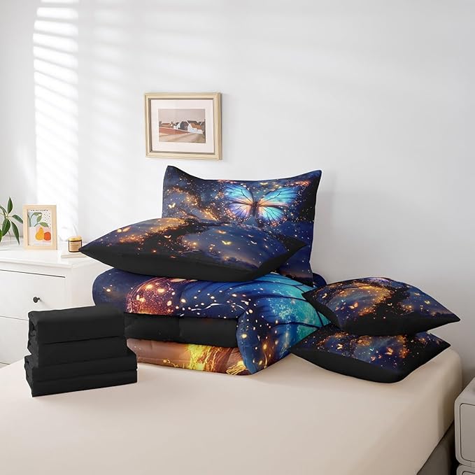 Feelyou Tree of Life Comforter Set 7 Pieces King Size Butterfly Bedding Set for Boys Girls Boho Bed in a Bag with Comforter, Sheets, Pillowcases & Cushion Covers