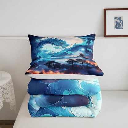 Blue Dragon Comforter Set Queen Size,Volcano Moon Starry Sky Bedding Set,Kids Boys Girls Room Decor Jungle Animals Western Magical Quilt Set Exotic Trippy Wildlife Style Duvet Insert,2 Pillowcases