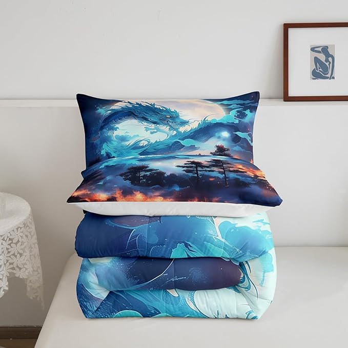 Blue Dragon Comforter Set Full Size,Jungle Animals Western Magical Bedding Set,Kids Boys Girls Room Decor Exotic Trippy Wildlife Style Quilt Set Volcano Moon Starry Sky Duvet Insert,2 Pillowcases
