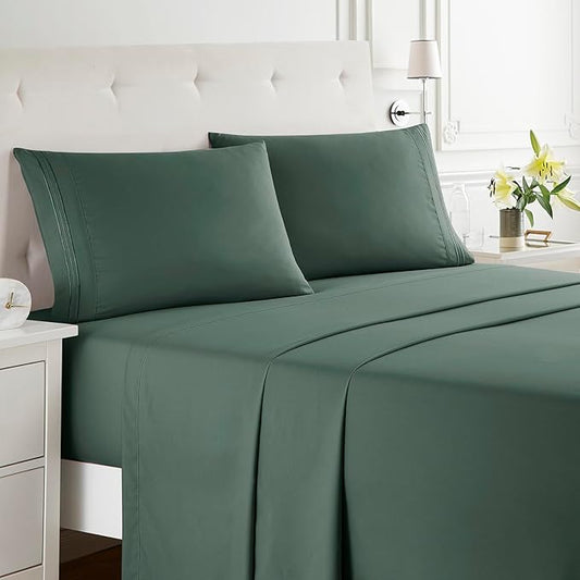 Clara Clark Full XL Bed Sheet Set - Wrinkle, Fade, Stain Resistant, Deep Pocket Sheets - Luxury Soft Bedding Sheets & Pillowcases, Full XL Forest Green