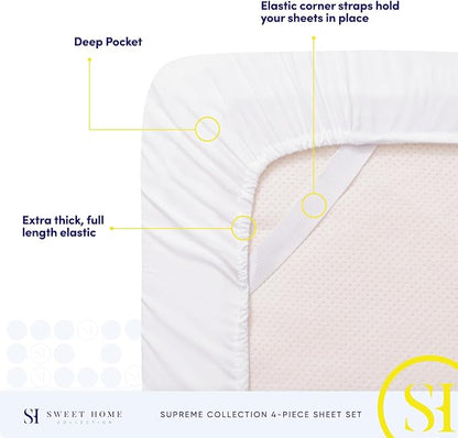 Queen Size Bed Sheets - Breathable Luxury Sheets with Full Elastic & Secure Corner Straps Built In - 1800 Supreme Collection Soft Deep Pocket Bedding, Sheet Set, EXTRA DEEP pocket - Queen, White