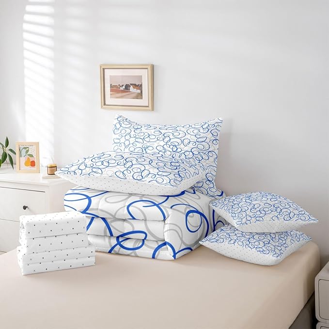 Erosebridal Blue White Geometric 7 Piece Comforter Set Queen Abstract Line Modern Art Bedding Set for Kids Teens Boys Chic Swirls Bed in A Bag Texture Artwork Sheet Set Bedroom Decor