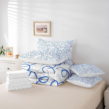Erosebridal Blue White Geometric 7 Piece Comforter Set Queen Abstract Line Modern Art Bedding Set for Kids Teens Boys Chic Swirls Bed in A Bag Texture Artwork Sheet Set Bedroom Decor