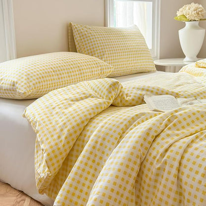 NSNLGSGC Yellow Gingham Cotton Comforter Set Queen, 100% Washed Cotton Plaid Checked Comforter Bedding, 3 Pieces Vintage Farmhouse Grid Bedding Set(Yellow Gingham, Queen)
