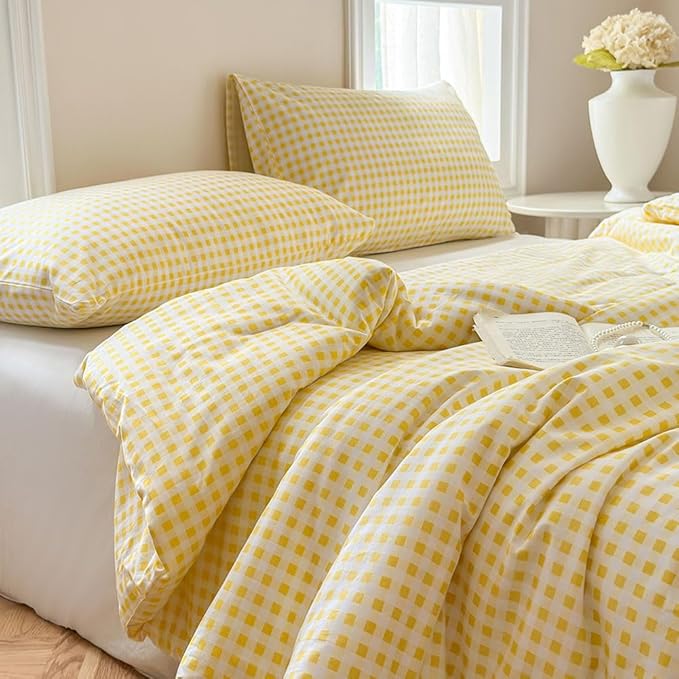 NSNLGSGC Yellow Gingham Cotton Comforter Set King, 100% Washed Cotton Red Plaid Checked Comforter Bedding, 3 Pieces Vintage Farmhouse Grid Bedding Set(Yellow Gingham, King)