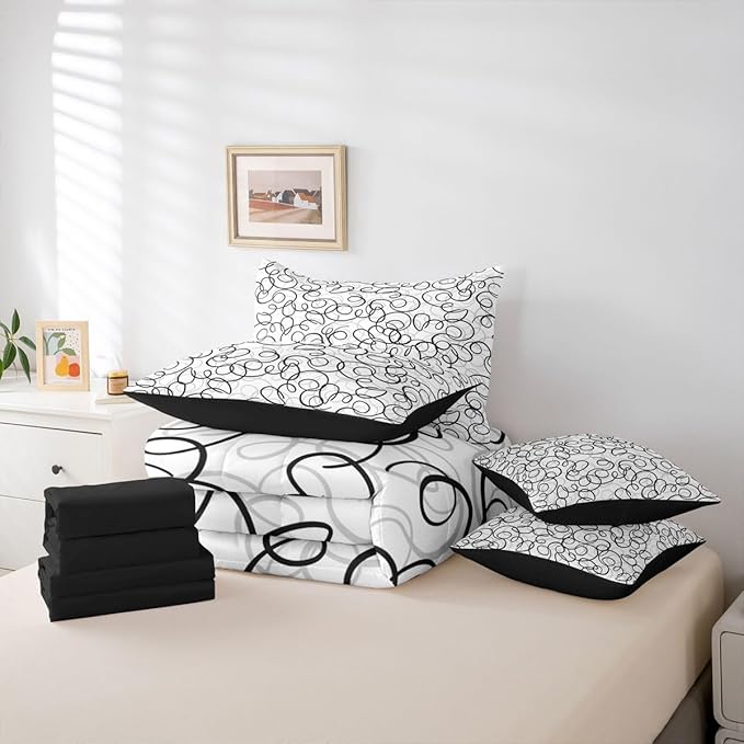 Erosebridal Geometric 7 Piece Comforter Set King Bed in A Bag Black Gray White Abstract Swirls Bedding Set for Boys Girls Modern Abstract Texture Bedroom Decor Contemporary Lines Aesthetic Sheet Set