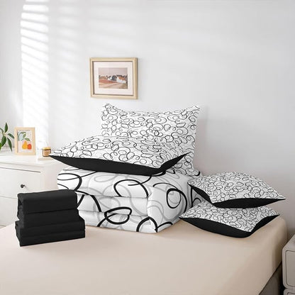 Erosebridal Geometric 7 Piece Comforter Set Full Bed in A Bag Black Gray White Abstract Swirls Bedding Set for Boys Girls Modern Abstract Texture Bedroom Decor Contemporary Lines Aesthetic Sheet Set