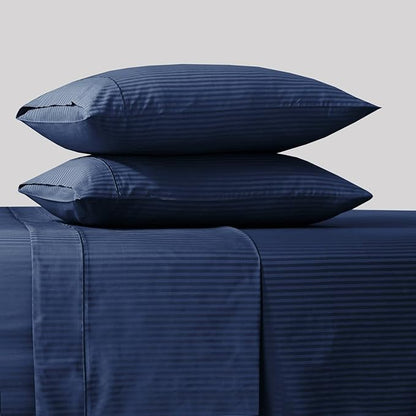 Feather & Stitch 500 TC King Size Damask Bed Sheet Set, 100% Cotton Soft Breathable Bedsheets, 4 Piece 18" Deep Pockets Sateen Weave Striped Bedding Mattress Resort Hotel - (Dark Blue Stripe)
