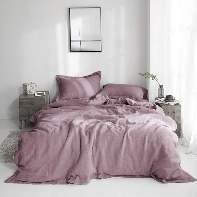 Simple&Opulence 100% Washed Linen Duvet Cover with Embroidered, 3 Pieces Soft Farmhouse Comforter Set with Button Closure,1 Duvet Cover and 2 Pillowshams(King,Purple)