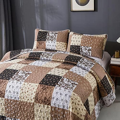 Mybedsoul Boho Quilts Queen Size, Patchwork Fall Bedding Set, Khaki