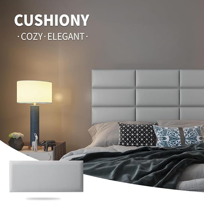 Art3d 6-Pack Peel and Stick Upholstered Headboard, 9.84 x 23.62 in, Grey | Self Adhesive, Upholstered Padded Panels, Fits Multiple Bed Sizes, Sound Absorbing, Ideal for Bedroom