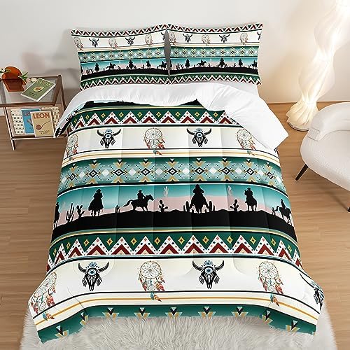 HOSIMA Western Bedding Comforter Sets,Longhorn Skull Dream Catcher Boho Comforter Set King Size for Adults Kids Cowboy Western Decor,Geometric Multicolor Teal Comforter King Size.