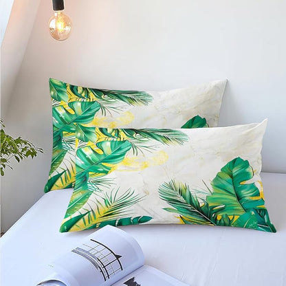 Tropical Palm Leaf Comforter Set King 3Pcs White Gold Marble Bedding Set Green Botanical Palm Leaves Bedding Soft Down Alternative Comforter Sets with 2 Pillowcases
