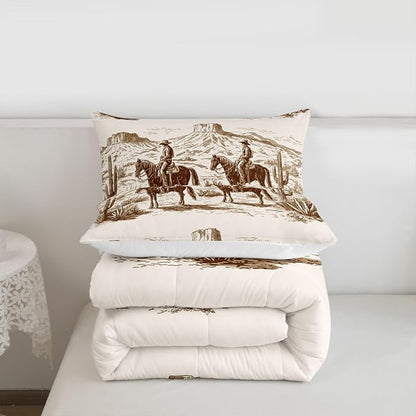 Wild West Comforter Set King Cowboys Bedding For Man Teens Boy American Western Desert Hunting Horse Riding Bedding Comforter Sets Hand Drawn Illustration Mountain Cactus Room Decor Duvet Insert