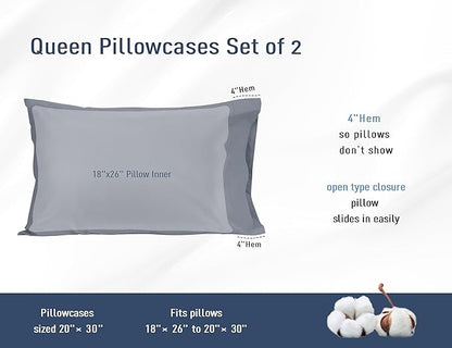 Pillow Cases, Standard Queen Size Cotton Percale Weave Pillowcases, Pre-Shrunk Breathable and Hypoallergenic Pillowcases, Set of 2 (2 Piece Standard/Queen 20 Inch x 30 Inch, Dark Gray)