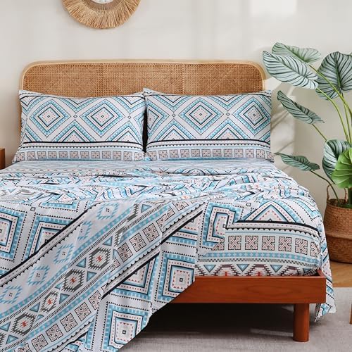 CozySmile 4 Pieces Queen Sheet Set Bohemian, Boho Sheets Soft Microfiber Deep Pocket, Western Sheets Geometric(Queen, Turquoise Geometric)