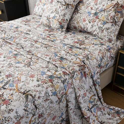 FADFAY Sheets Set Twin Botanical Bird Floral Bed Sheets Set Vintage Mocha Mousse Farmhouse Bedding Shabby Branches Bedding 100% Egyptian Cotton Breathable Soft 17.7" Deep Pocket 4Pcs, Twin Size