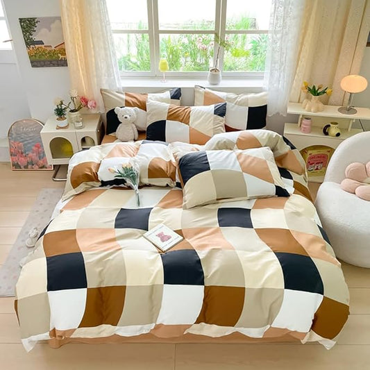 Hosueri Black White Brown and Cream Plaid Comforter Set Full Size Teen Boys Girls Warm Comfy Multicolor Beige Grid Distorted Checkered Bed Quilts Soft 3 Piece Preppy Modern Dorm Bedding Blankets Full