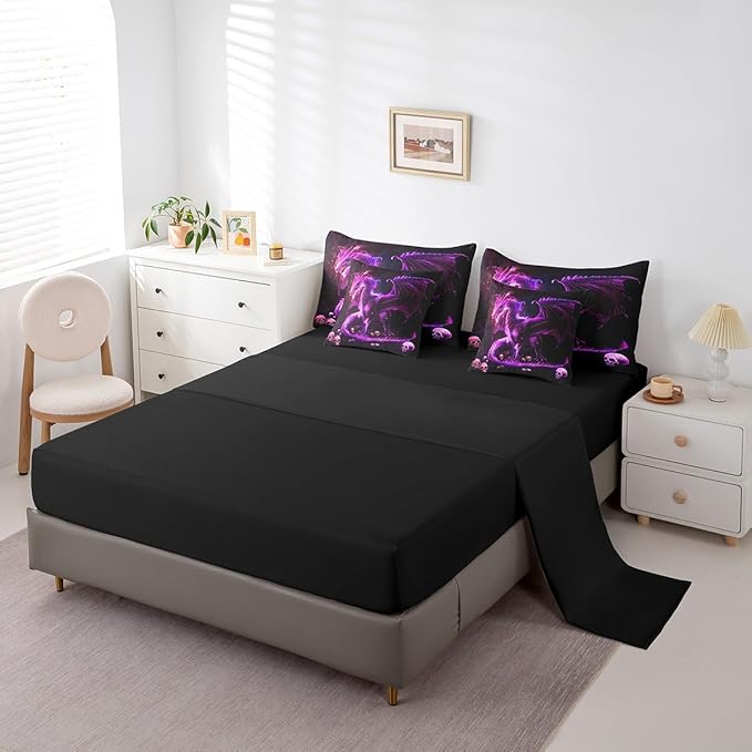 Castle Fairy 3D Dragon Comforter Set,Gothic Halloween Skull Bedding Set for Kids Boys Girls Room Decor,Western Dragon Animal (Comforter+Fitted+Flat Sheet+2 Pillowcases+2 Throw Pillow Covers