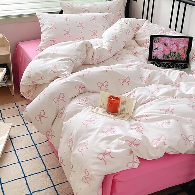 Nayoroom Pink Bow Duvet Cover Twin Size Polka Dot Bowknot Coquette Duvet Cover 2 Pieces Soft Lightweight Microfiber Girls Cute Aesthetic Dorm Bedding Set