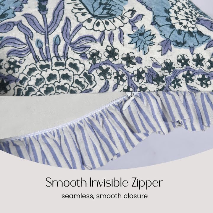 CPC Block Print Indigo Blue Ruffle Cotton Lumbar Pillow Cover 12x20 inch